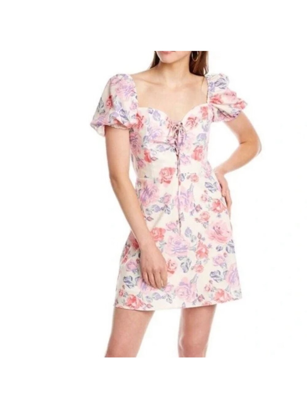 Floral Puff-Sleeve Sweetheart Mini Dress - Pink Floral